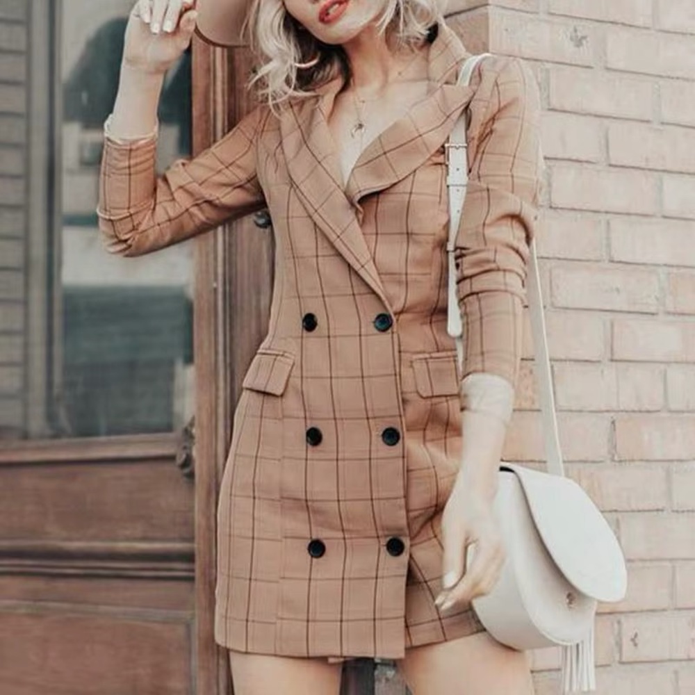 Nasty Gal Tan Checkered Double-Breasted Blazer Dress